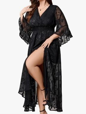 NWT Eywol Black Sheer Floral Boho Gothic Fairy Goddess Bell Sleeve Layered Dress